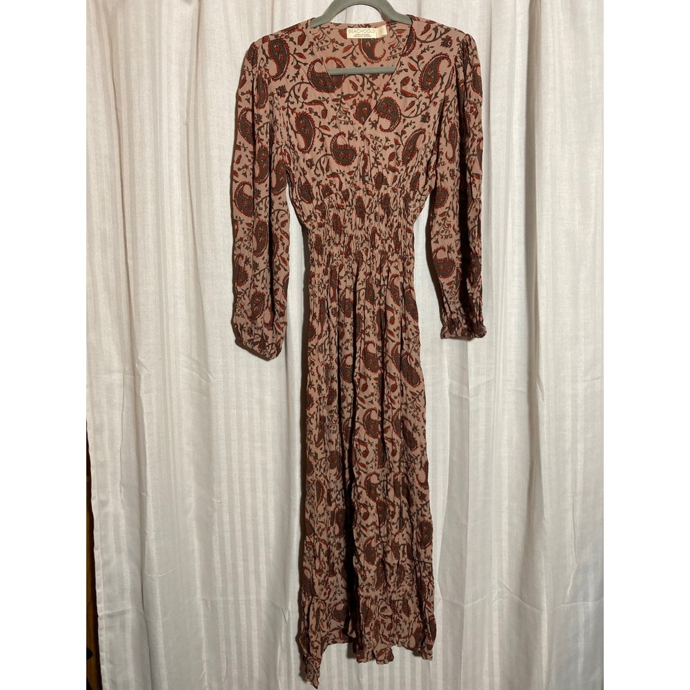 Beachgold Bali Paisley Smocked Waist Maxi Dress Brown Red V-Neck Long Sleeve S
